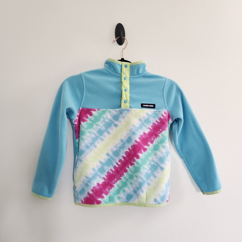 Y2K Lands' End Kids Blue Tie Dye Fleece Snap Pullover Sweater S‎ 6-7